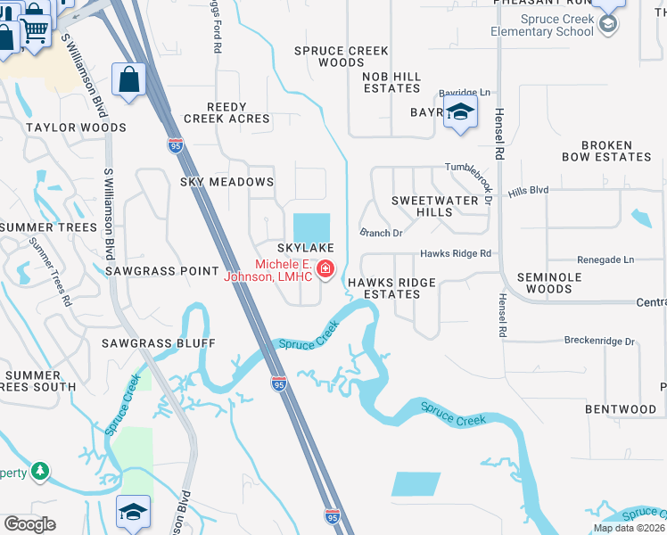 map of restaurants, bars, coffee shops, grocery stores, and more near 5948 Kendrew Drive in Port Orange