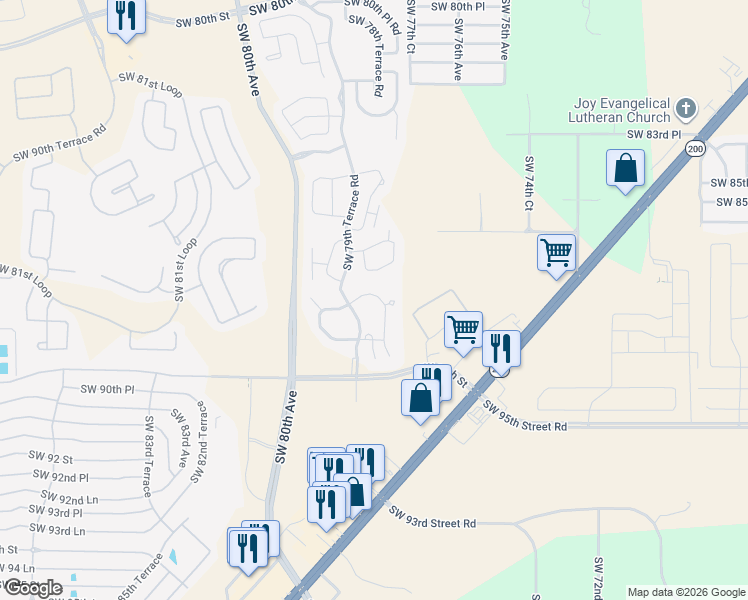 map of restaurants, bars, coffee shops, grocery stores, and more near 7818 Southwest 88th Street Road in Ocala