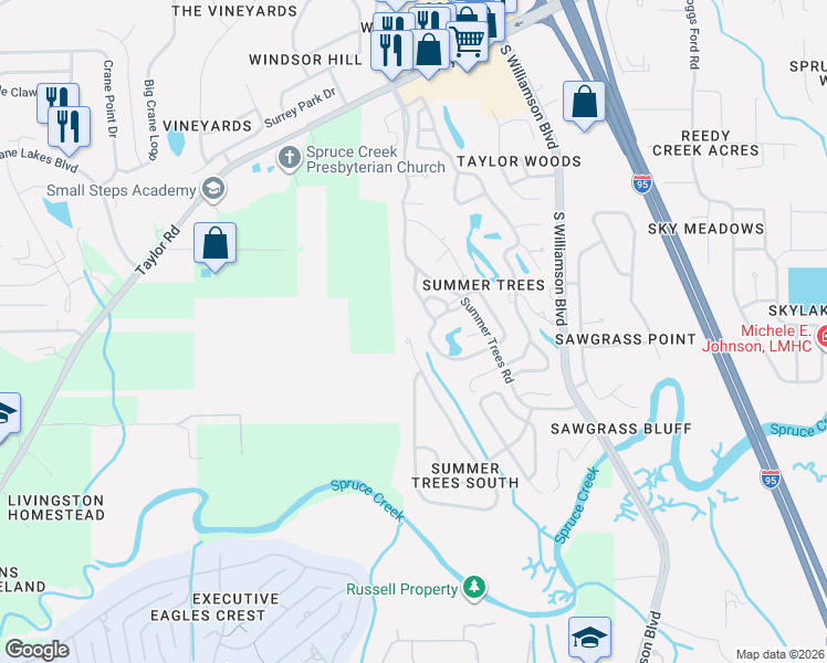 map of restaurants, bars, coffee shops, grocery stores, and more near 120 Hickory Lane in Port Orange