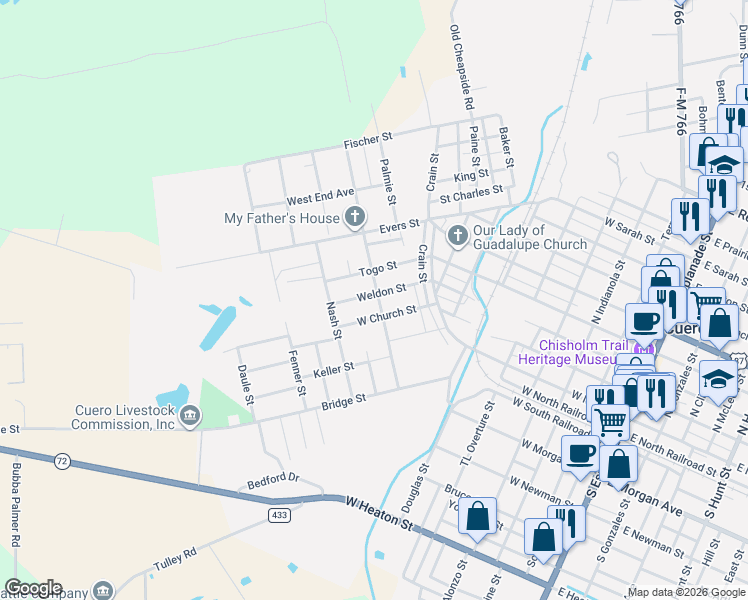 map of restaurants, bars, coffee shops, grocery stores, and more near 308 Weldon Street in Cuero