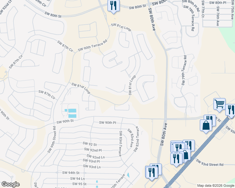 map of restaurants, bars, coffee shops, grocery stores, and more near 8750 Southwest 83rd Court Road in Ocala