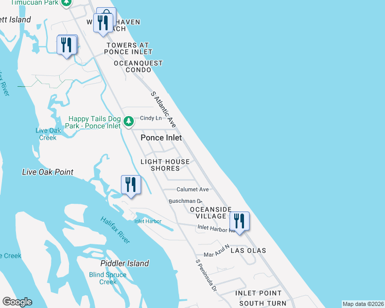 map of restaurants, bars, coffee shops, grocery stores, and more near 4731 South Atlantic Avenue in Ponce Inlet