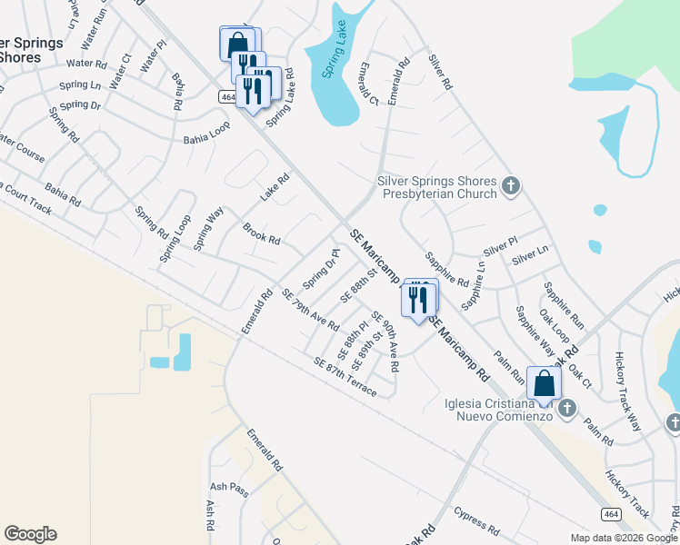 map of restaurants, bars, coffee shops, grocery stores, and more near 28 Spring Lane Way in Ocala