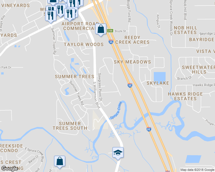map of restaurants, bars, coffee shops, grocery stores, and more near 846 Marley Drive in Port Orange