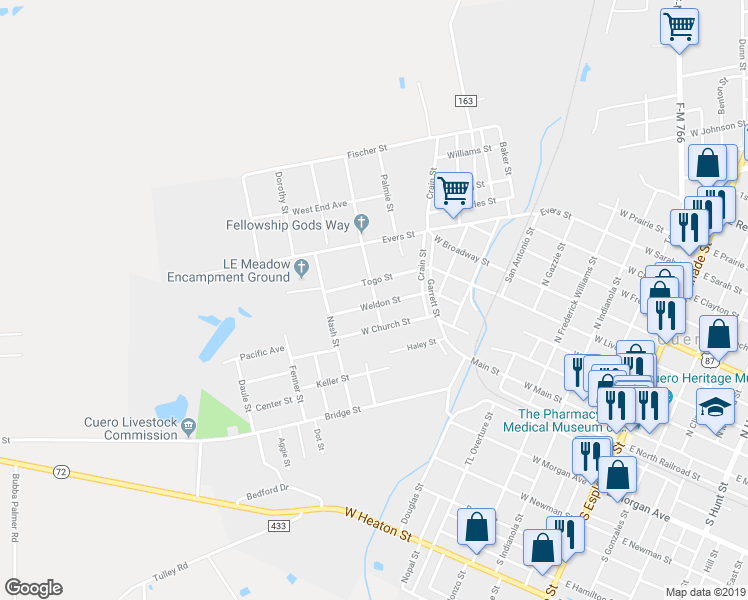 map of restaurants, bars, coffee shops, grocery stores, and more near 308 Weldon Street in Cuero
