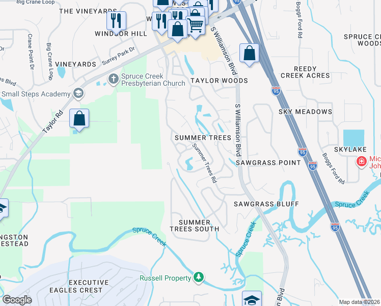 map of restaurants, bars, coffee shops, grocery stores, and more near 105 Magnolia Loop in Port Orange