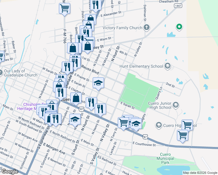map of restaurants, bars, coffee shops, grocery stores, and more near 512 East Prairie Street in Cuero