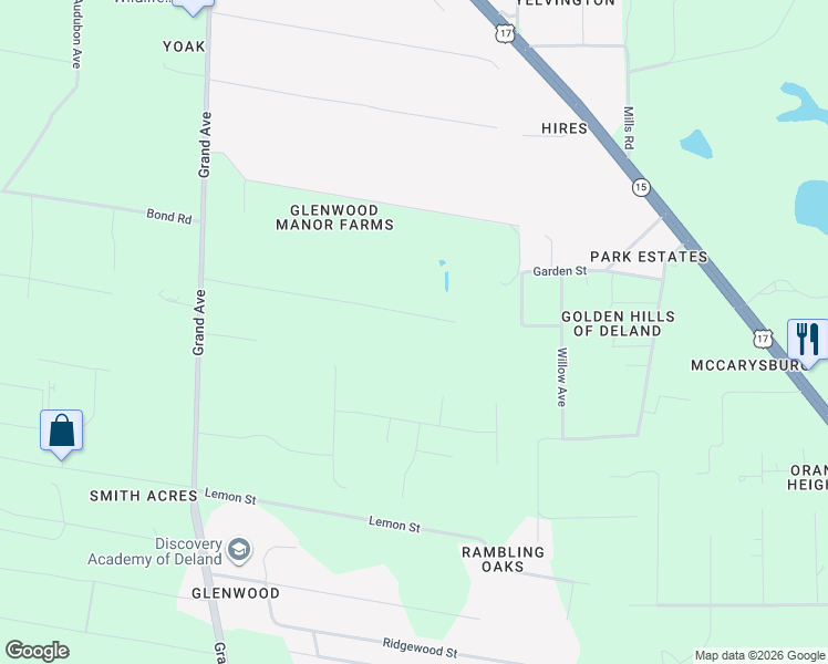 map of restaurants, bars, coffee shops, grocery stores, and more near 1610 Twin Oaks Drive in DeLand