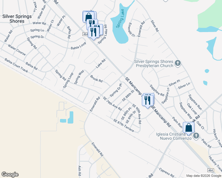 map of restaurants, bars, coffee shops, grocery stores, and more near 18 Spring Drive Place in Ocala