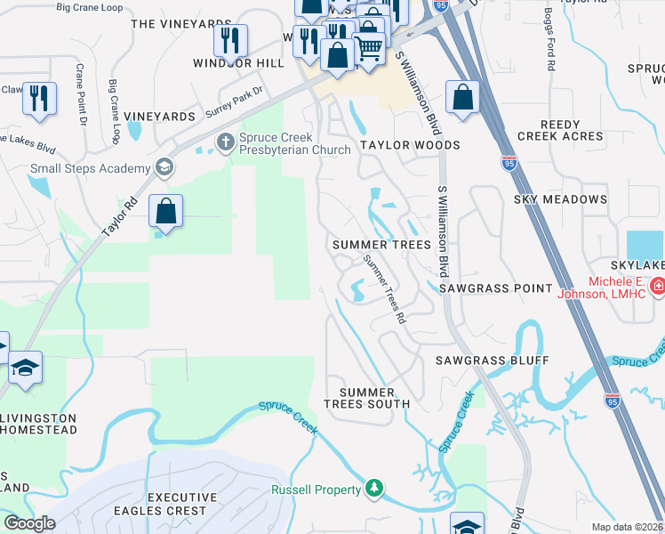 map of restaurants, bars, coffee shops, grocery stores, and more near 120 Hickory Lane in Port Orange