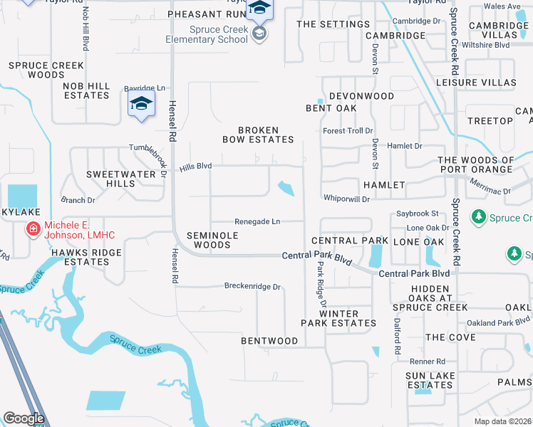 map of restaurants, bars, coffee shops, grocery stores, and more near 749 Renegade Lane in Port Orange