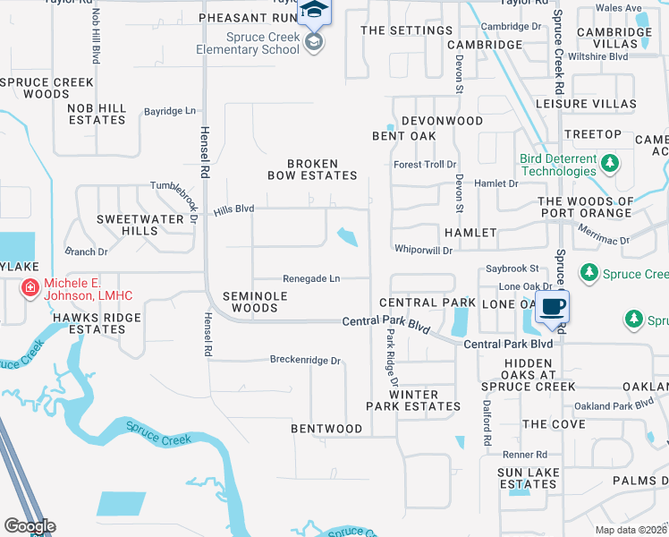 map of restaurants, bars, coffee shops, grocery stores, and more near 749 Renegade Lane in Port Orange