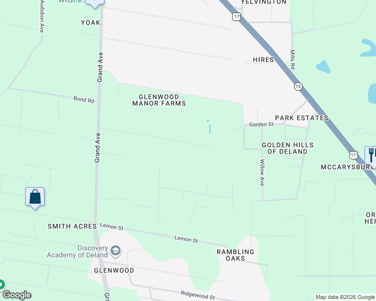 map of restaurants, bars, coffee shops, grocery stores, and more near 1610 Twin Oaks Drive in DeLand