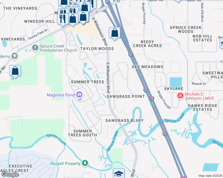 map of restaurants, bars, coffee shops, grocery stores, and more near 5982 Sawgrass Point Drive in Port Orange