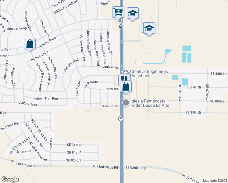 map of restaurants, bars, coffee shops, grocery stores, and more near 340 Larch Road in Ocala