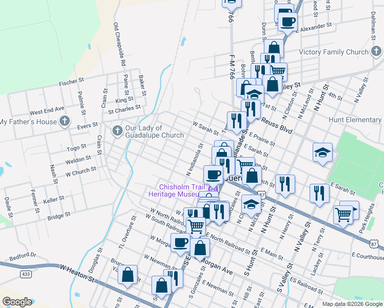 map of restaurants, bars, coffee shops, grocery stores, and more near 308 West Broadway Street in Cuero
