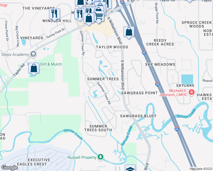 map of restaurants, bars, coffee shops, grocery stores, and more near 182 Magnolia Loop in Port Orange