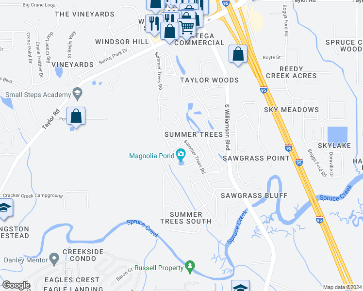 map of restaurants, bars, coffee shops, grocery stores, and more near 104 Magnolia Loop in Port Orange