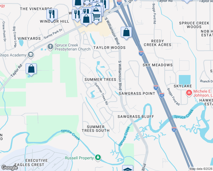 map of restaurants, bars, coffee shops, grocery stores, and more near 182 Magnolia Loop in Port Orange