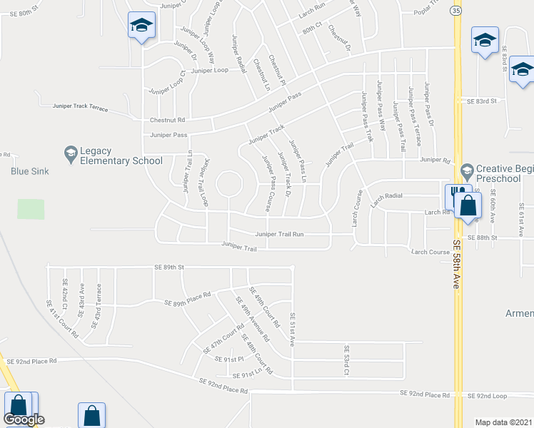 map of restaurants, bars, coffee shops, grocery stores, and more near 67 Juniper Pass Course in Ocala