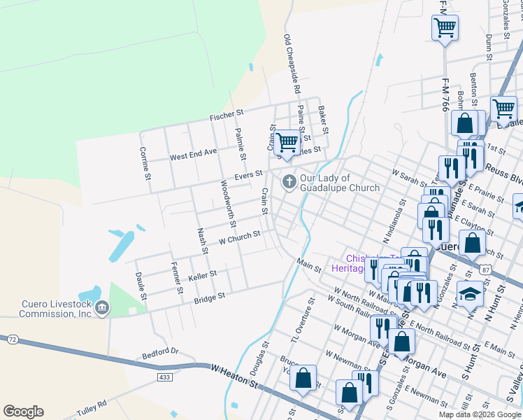 map of restaurants, bars, coffee shops, grocery stores, and more near 116 Weldon Street in Cuero