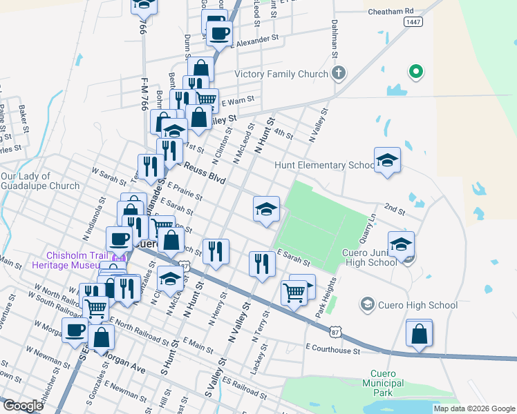 map of restaurants, bars, coffee shops, grocery stores, and more near 512 East Prairie Street in Cuero