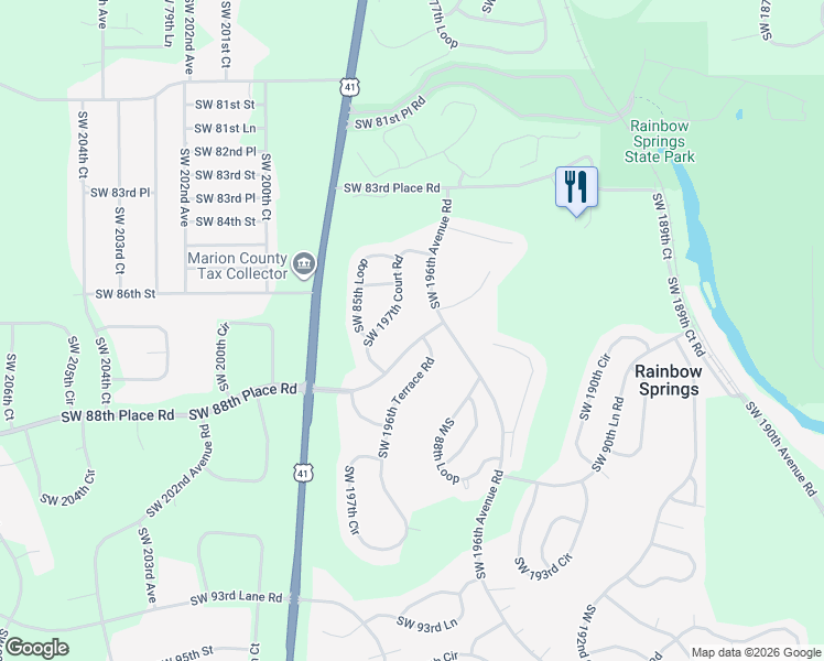 map of restaurants, bars, coffee shops, grocery stores, and more near 19708 Southwest 88th Place Road in Dunnellon