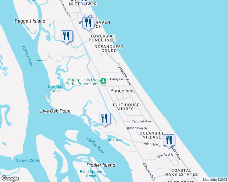map of restaurants, bars, coffee shops, grocery stores, and more near 78 Oceanview Avenue in Ponce Inlet
