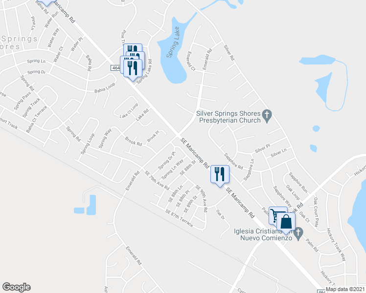 map of restaurants, bars, coffee shops, grocery stores, and more near 6 Spring Drive Way in Ocala