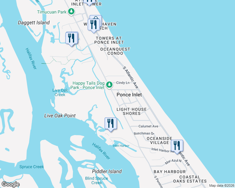 map of restaurants, bars, coffee shops, grocery stores, and more near 78 Oceanview Avenue in Ponce Inlet