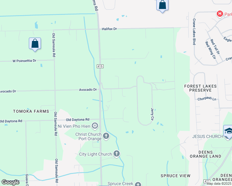 map of restaurants, bars, coffee shops, grocery stores, and more near 1965 Avocado Drive in Port Orange