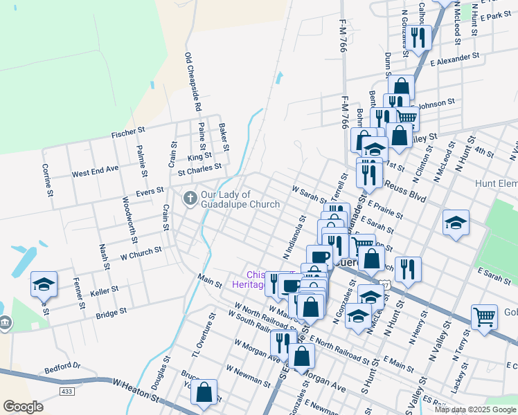 map of restaurants, bars, coffee shops, grocery stores, and more near 607 North Gazzie Street in Cuero