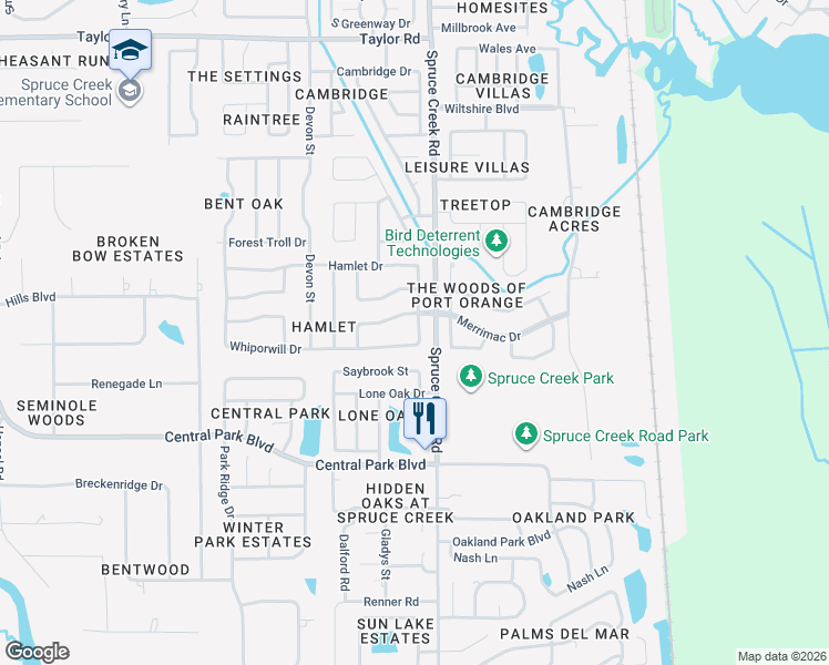 map of restaurants, bars, coffee shops, grocery stores, and more near 808 Whiporwill Drive in Port Orange