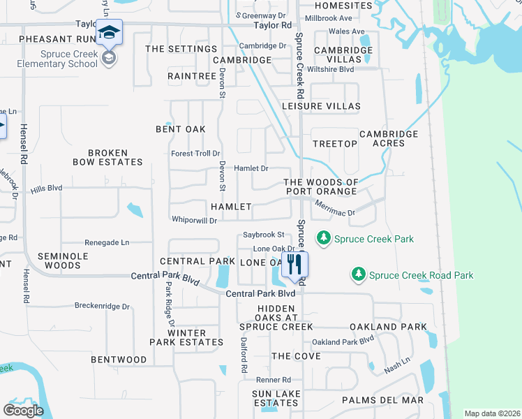 map of restaurants, bars, coffee shops, grocery stores, and more near 721 Merrimac Drive in Port Orange