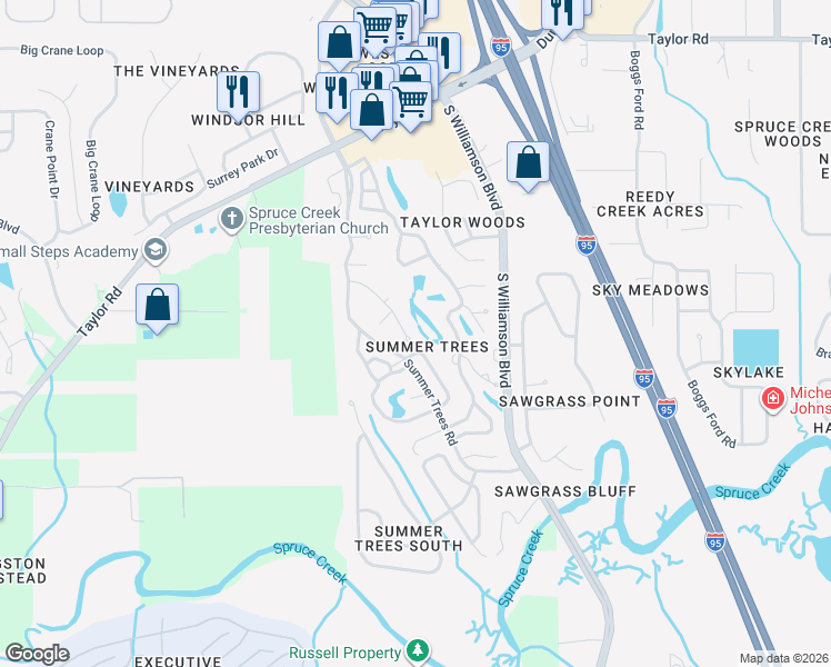 map of restaurants, bars, coffee shops, grocery stores, and more near 93 Cypress Pond Road in Port Orange