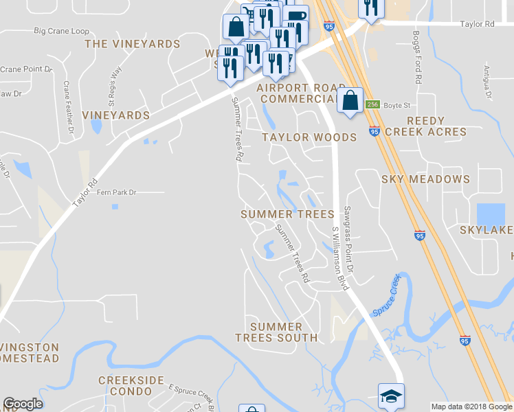 map of restaurants, bars, coffee shops, grocery stores, and more near 105 Cypress Pond Road in Port Orange