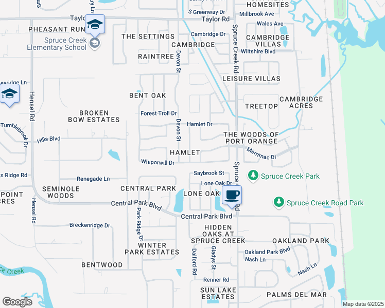 map of restaurants, bars, coffee shops, grocery stores, and more near 536 Legume Drive in Port Orange