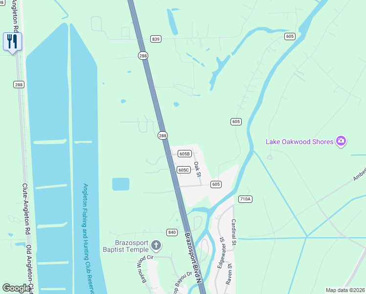 map of restaurants, bars, coffee shops, grocery stores, and more near 163 County Road 605B in Angleton