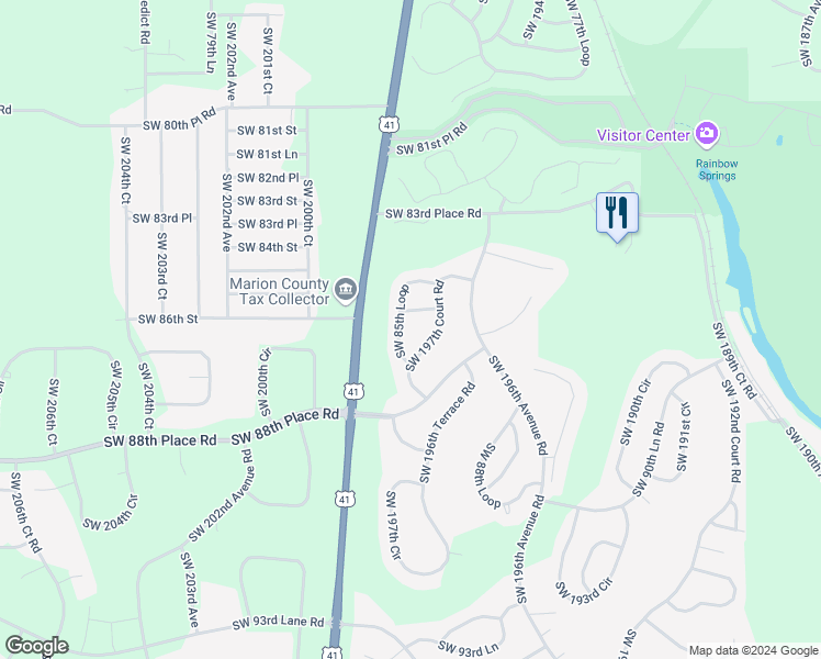map of restaurants, bars, coffee shops, grocery stores, and more near 19801 Southwest 85th Loop in Dunnellon