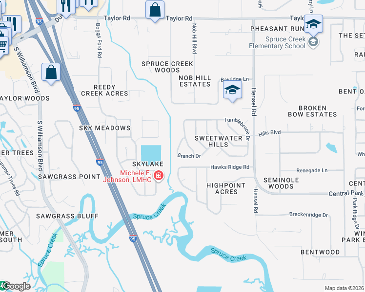 map of restaurants, bars, coffee shops, grocery stores, and more near 701 Branch Drive in Port Orange