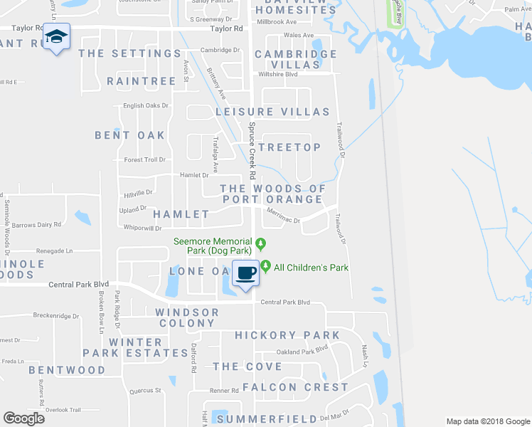 map of restaurants, bars, coffee shops, grocery stores, and more near 488 Merrimac Drive in Port Orange
