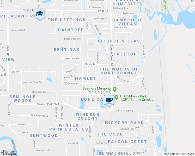 map of restaurants, bars, coffee shops, grocery stores, and more near 721 Merrimac Dr in Port Orange