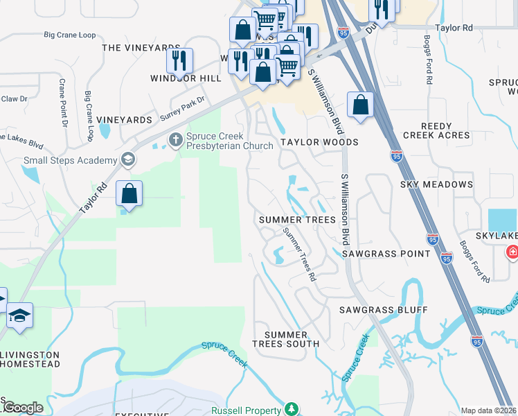 map of restaurants, bars, coffee shops, grocery stores, and more near 125 Cypress Pond Road in Port Orange