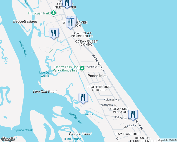 map of restaurants, bars, coffee shops, grocery stores, and more near 78 Oceanview Avenue in Ponce Inlet