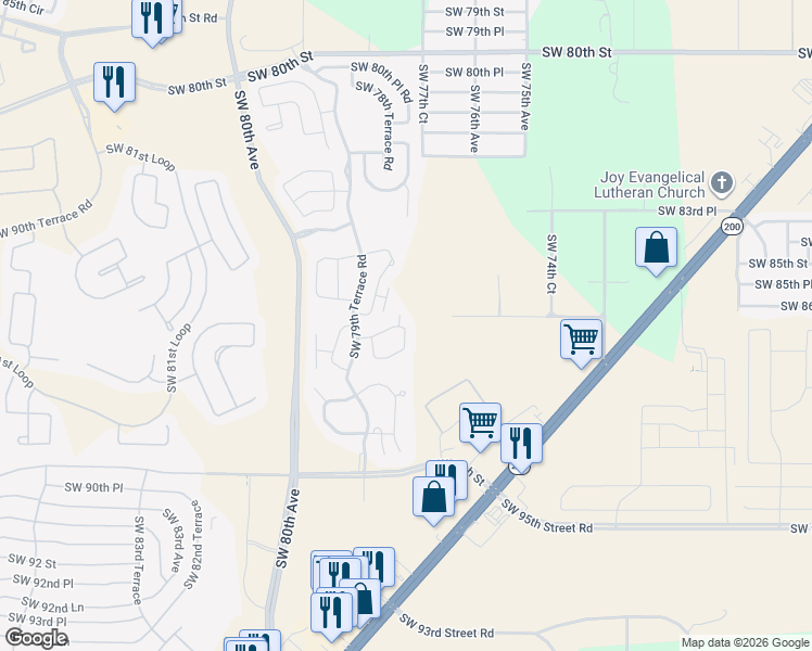 map of restaurants, bars, coffee shops, grocery stores, and more near 7781 Southwest 86th Lane in Ocala
