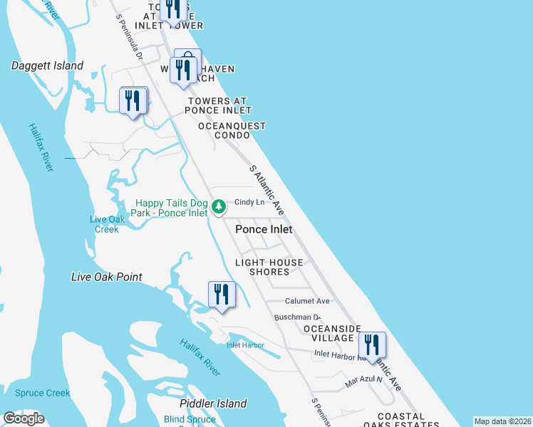 map of restaurants, bars, coffee shops, grocery stores, and more near in Ponce Inlet