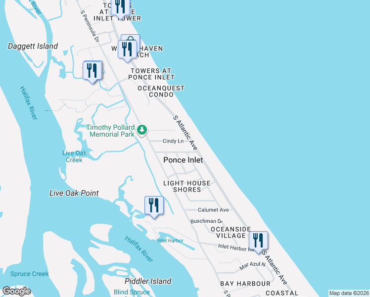 map of restaurants, bars, coffee shops, grocery stores, and more near 46 Oceanview Avenue in Ponce Inlet