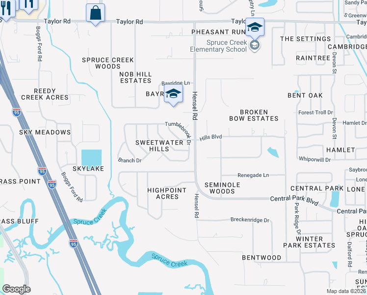 map of restaurants, bars, coffee shops, grocery stores, and more near 694 Tumblebrook Drive in Port Orange