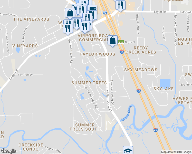map of restaurants, bars, coffee shops, grocery stores, and more near 76 Crooked Pine Road in Port Orange