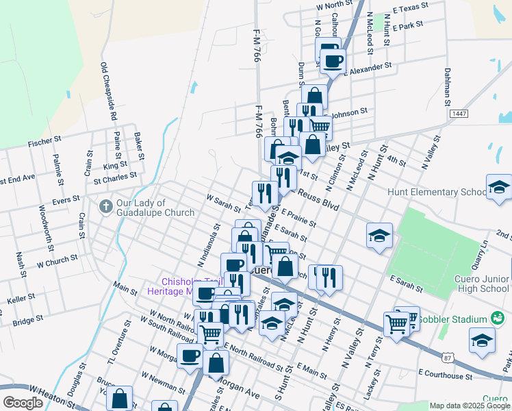 map of restaurants, bars, coffee shops, grocery stores, and more near 811 Terrell Street in Cuero